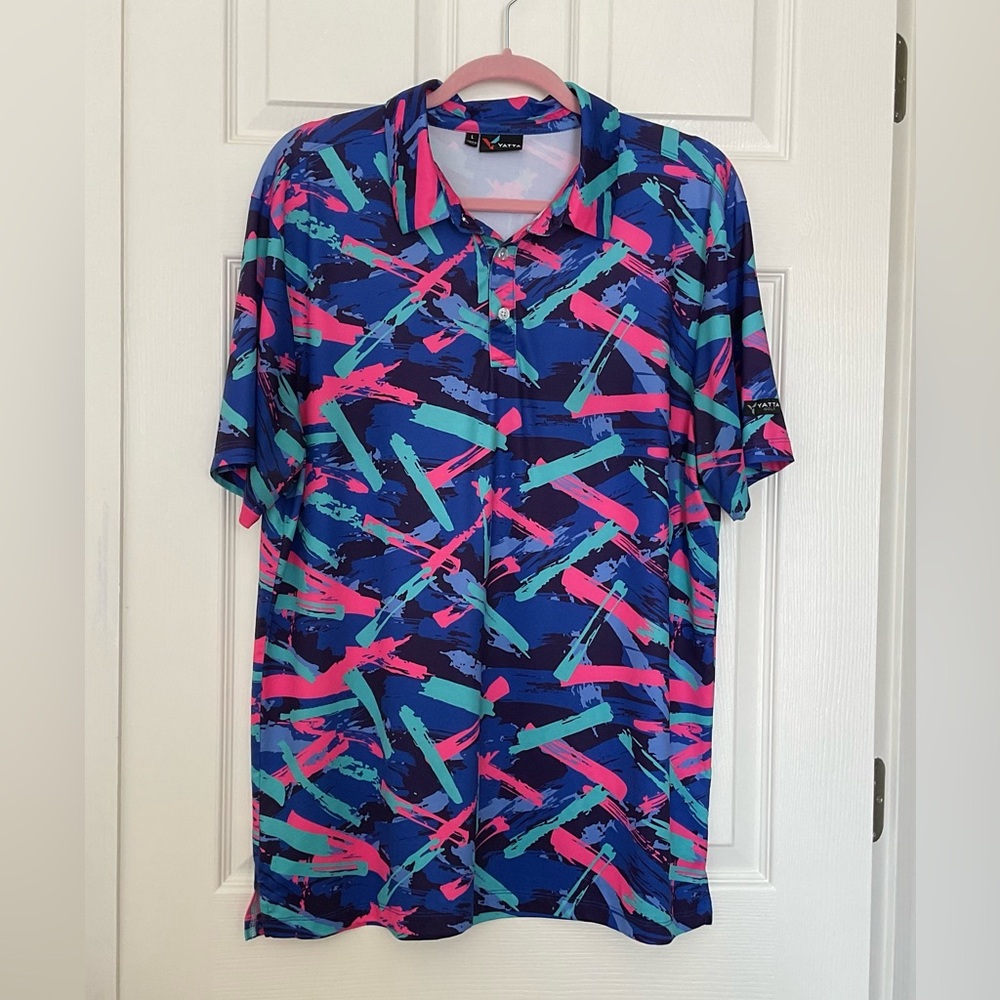 Yatta Golf Polo Shirt Stretch Performance Bright Paintbrush Multicolor Print L
